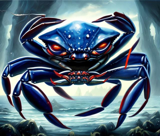 Prompt: A dark blue menacing crab  emerging from warter. Oil painting fantasy style.