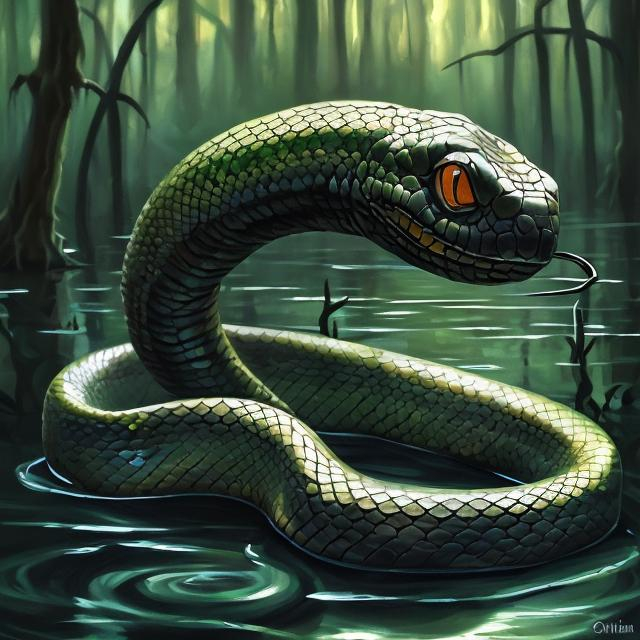 Prompt: Small black menacing snake in swamp water. Oil painting fantasy style. 