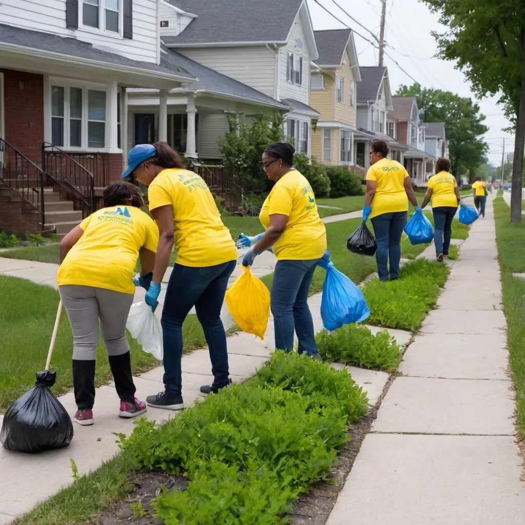 Prompt: Photograph of a group of community volunteers dressed in bright yellow shirts all picking up trash and pulling weeds along residential sidewalks