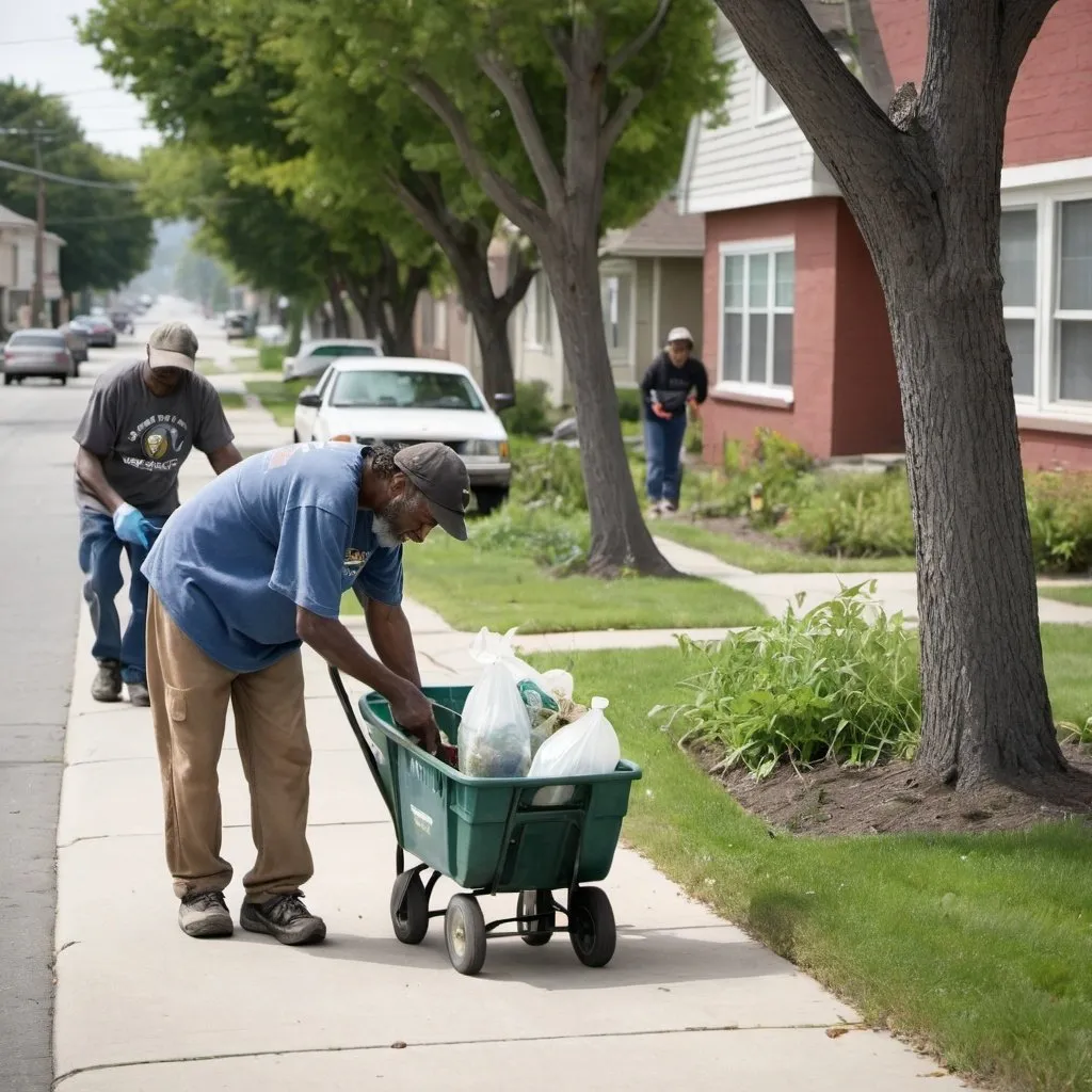 Prompt: Photograph of a homeless man picking up trash and pulling weeds along residential sidewalks and a group of community volunteers comes to join and help him with more tools and a push cart