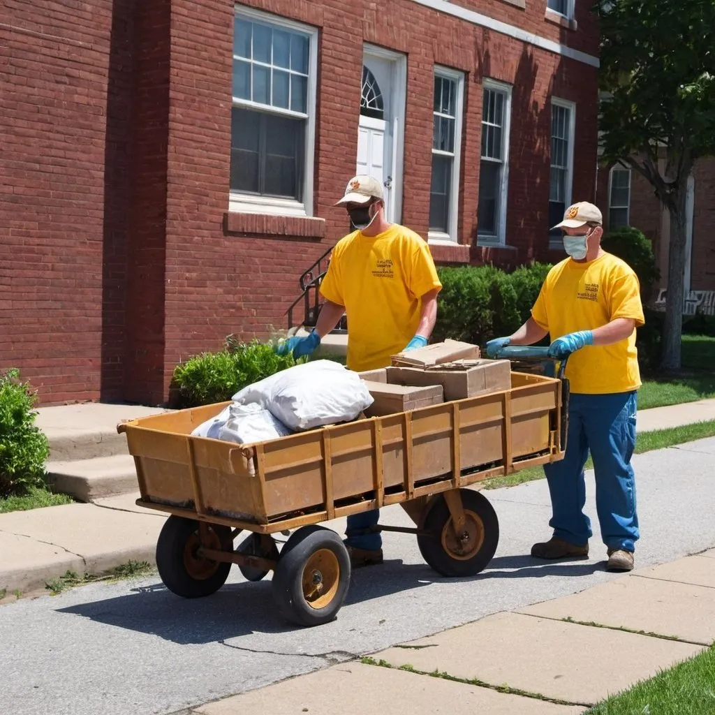 Prompt: Photograph of a group of three inmate volunteers dressed in bright yellow shirts repaving an old brick residential sidewalks with a cart