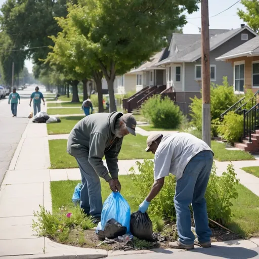 Prompt: Photograph of a homeless man picking up trash and pulling weeds along residential sidewalks and a group of community volunteers comes to join and help him