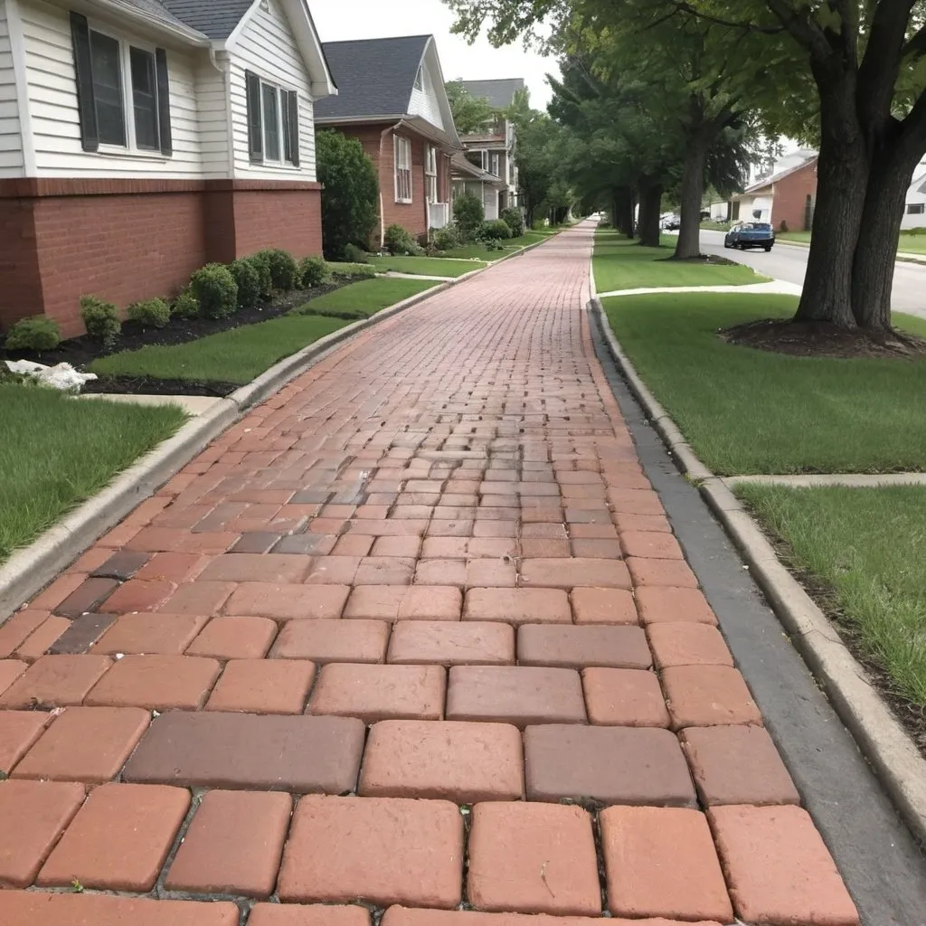 Prompt: Photograph of freshly repaved brick residential sidewalks, clean of any weeds or debris perfectly level