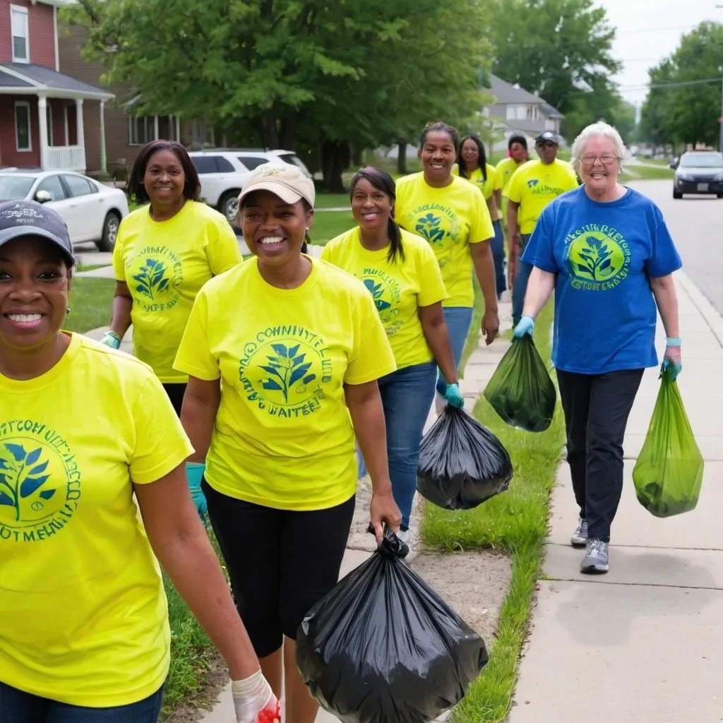 Prompt: Photograph of a group of community volunteers dressed in bright yellow shirts all picking up trash and pulling weeds along residential sidewalks