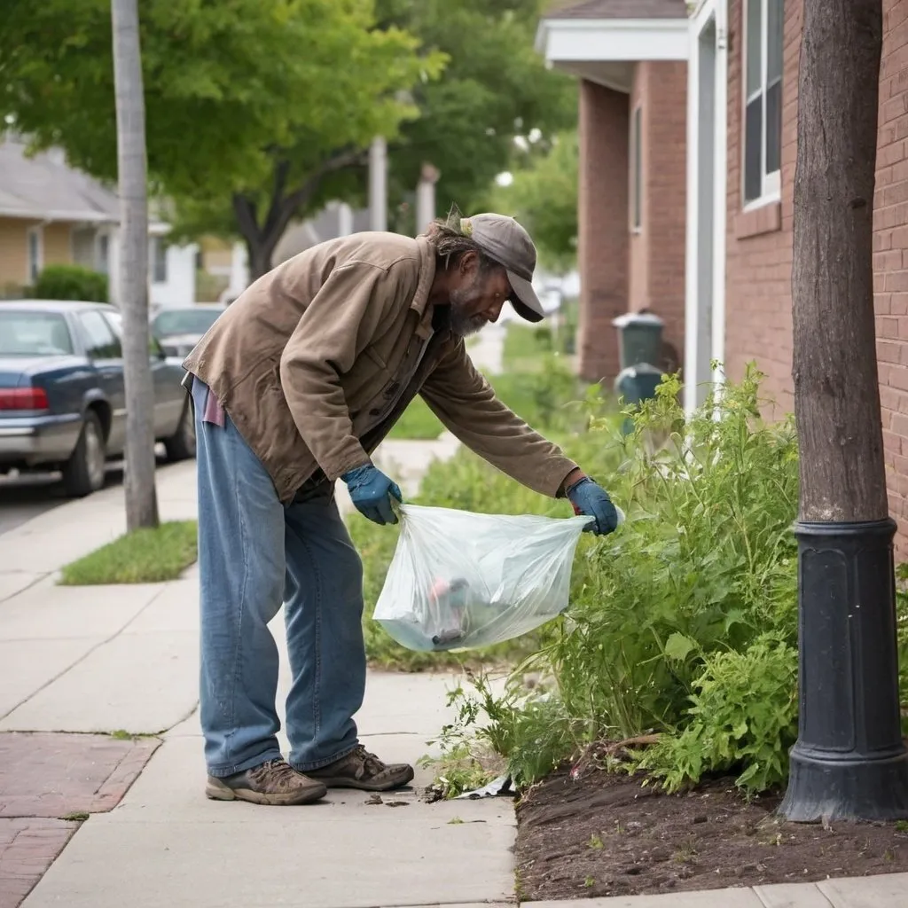 Prompt: Photograph of a homeless man picking up trash and pulling weeds along residential sidewalks