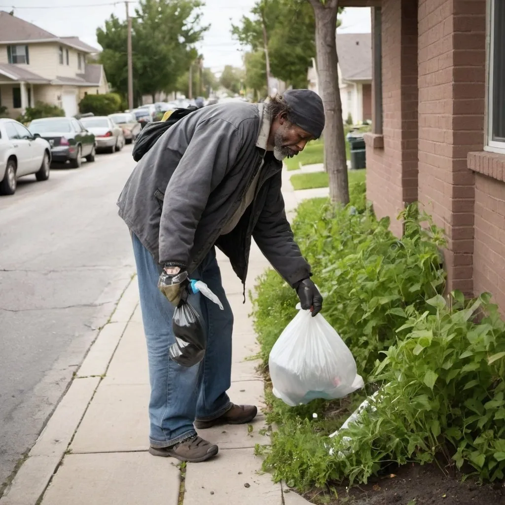 Prompt: Photograph of a homeless man picking up trash and pulling weeds along residential sidewalks