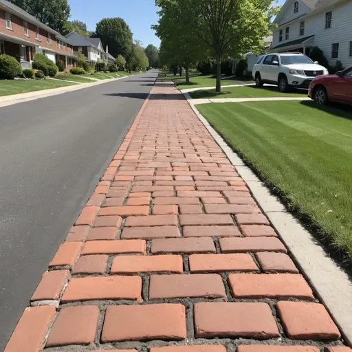 Prompt: Photograph of freshly repaved brick residential sidewalks, clean of any weeds or debris perfectly level