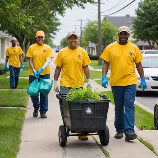 Prompt: Photograph of a group of three inmate volunteers dressed in bright yellow shirts all picking up trash and pulling weeds along residential sidewalks with a cart