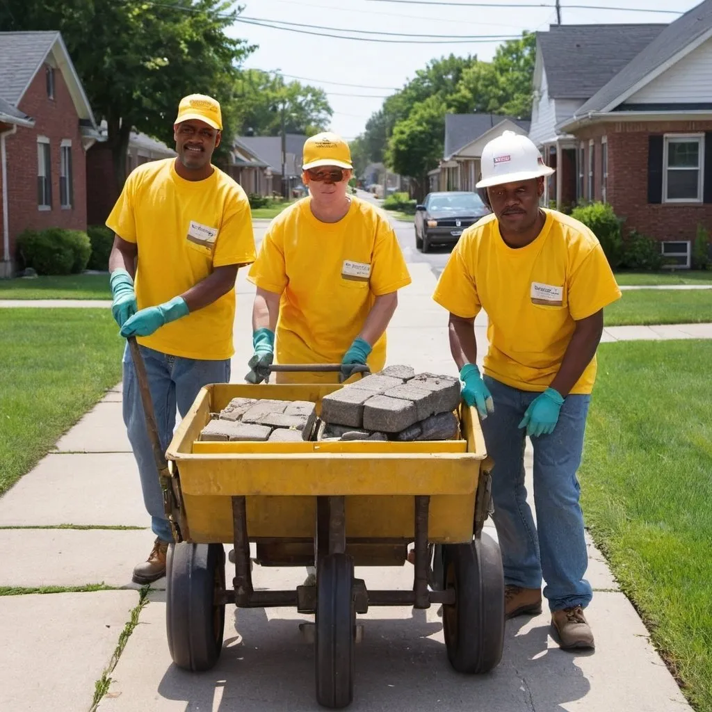 Prompt: Photograph of a group of three inmate volunteers dressed in bright yellow shirts repaving an old brick residential sidewalks with a cart
