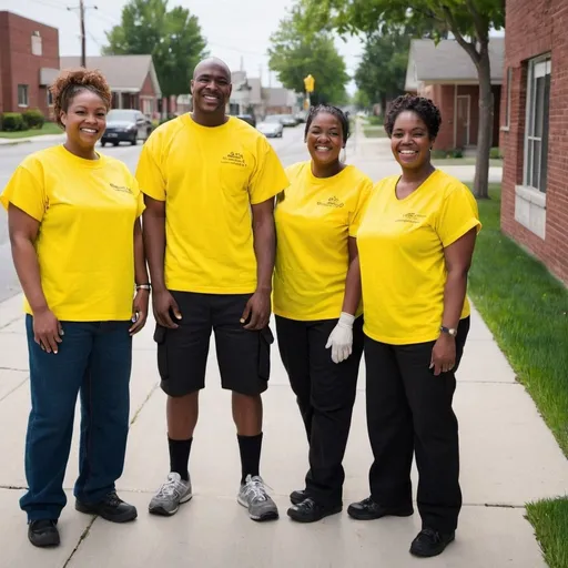 Prompt: Photograph of three community service inmates some white some black wearing bright yellow shirts smiling for the camera on a freshly clean sidewalk