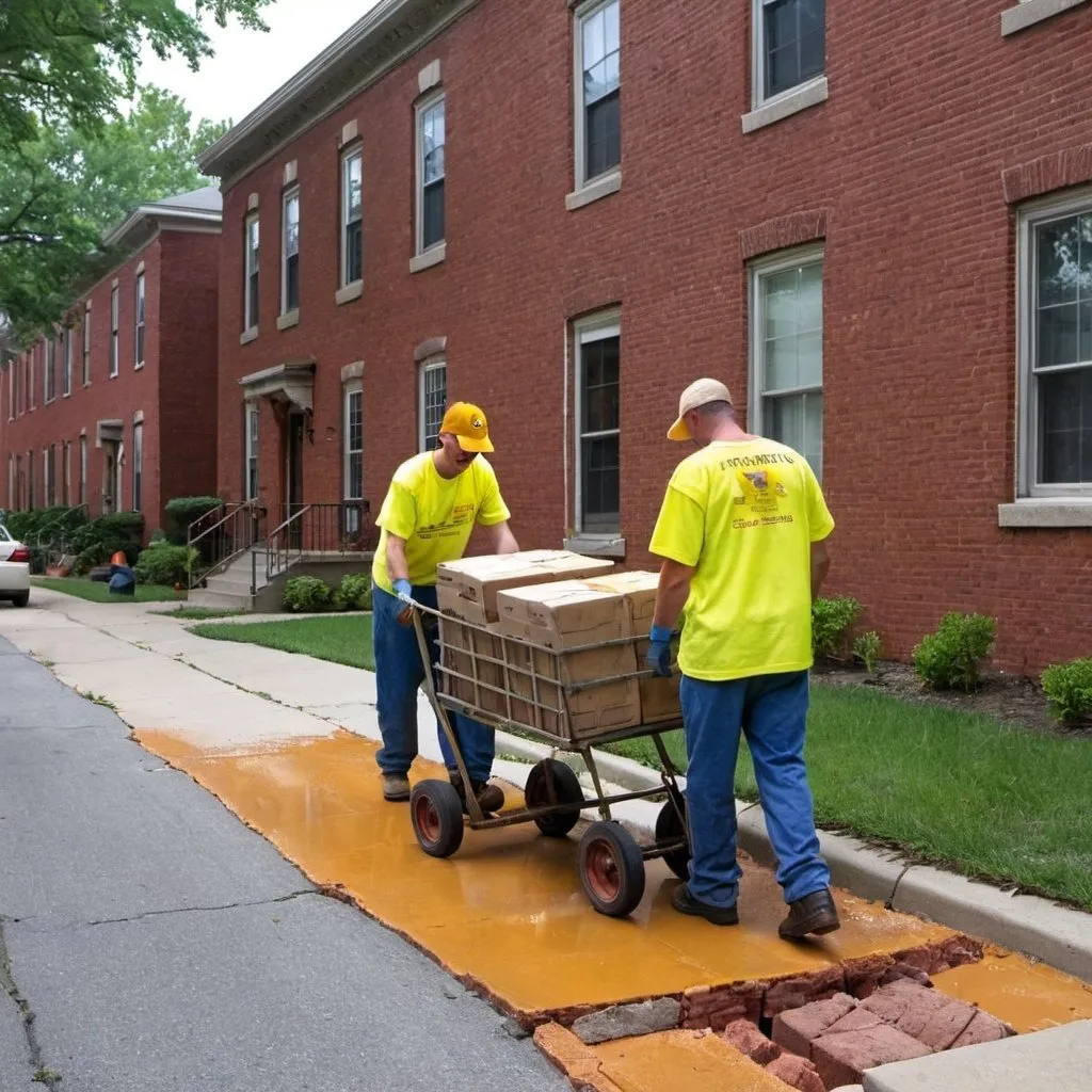 Prompt: Photograph of a group of three inmate volunteers dressed in bright yellow shirts repaving an old brick residential sidewalks with a cart