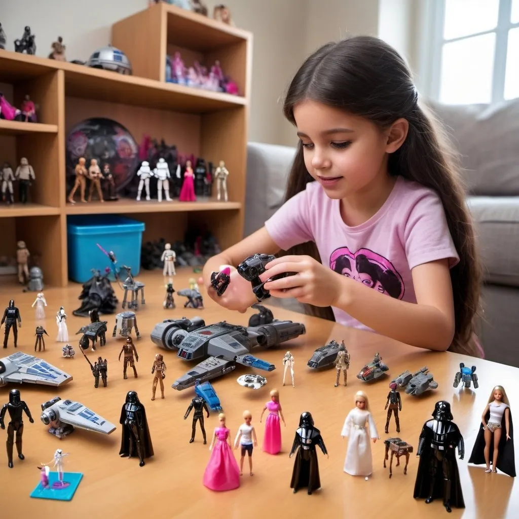 Prompt: Photograph of a girl child playing with Star Wars action figures and Barbie dolls