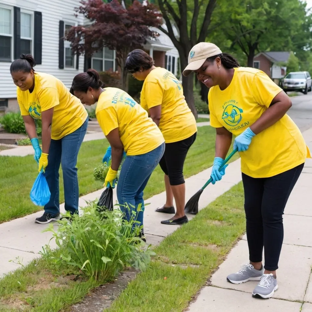 Prompt: Photograph of a group of community volunteers dressed in bright yellow shirts all picking up trash and pulling weeds along residential sidewalks