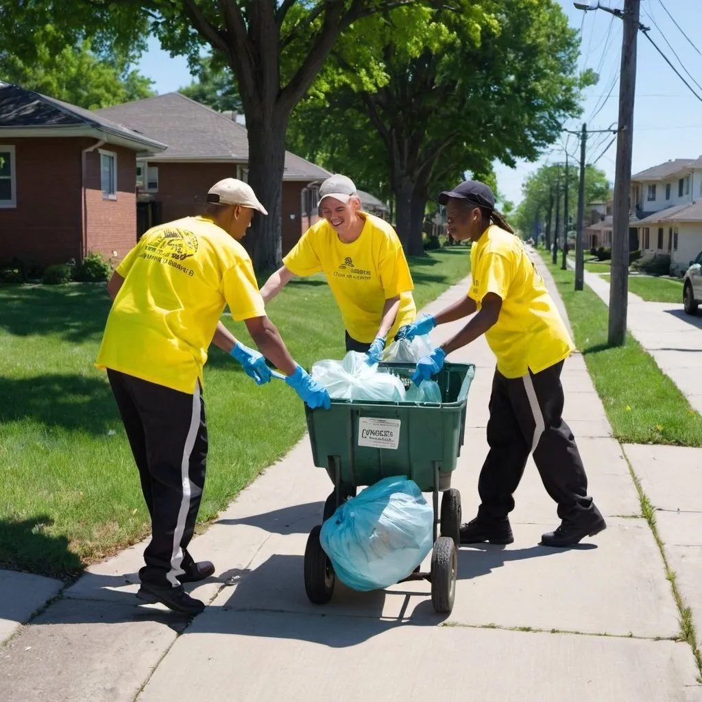 Prompt: Photograph of a group of three inmate volunteers dressed in bright yellow shirts all picking up trash and pulling weeds along residential sidewalks with a cart