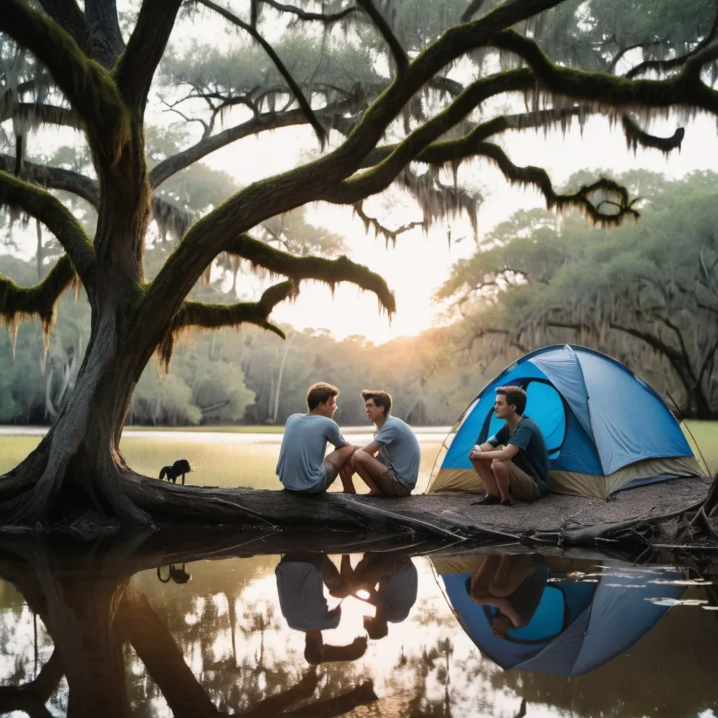 Prompt: Realistic 35mm photograph of a creek in Florida at sunset.  Serene feeling. Two Handsome young men are camping on the bank.  Both looking at each other with affection. Blue pup tent. Both glimmer with sweat from the heat. Clothes are drying on a nearby tree limb.  Moss hanging from trees.