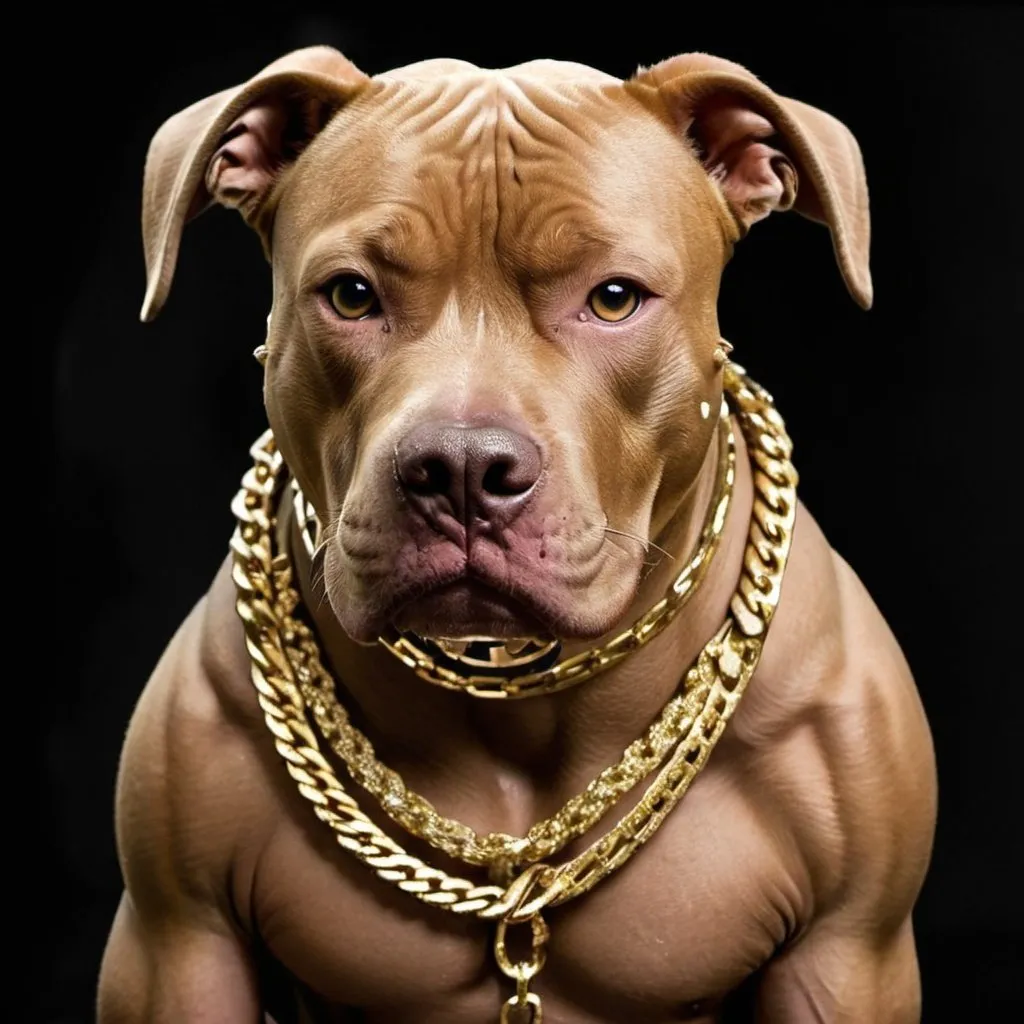Prompt: Gangster pit bull dog wearing gold chains in the hood hood wearing dreads African American 