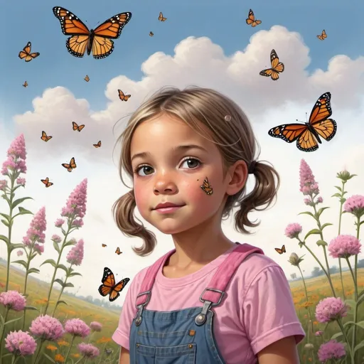 Prompt: Describe a narrative scene with a little girl 9 years old with pigtails, overalls, butterfly tee-shirt holding a butterfly net looking up at several monarch butterflies in a beautiful wildflower field full of common pink milkweed as a construction crew in bulldozer ripping our swaths of soil and flowers making a trail of destruction headed in her direction.