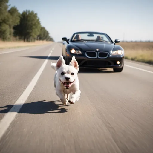 Prompt: photographic quality image of a little dog chasing behind a super car on open highway, car on left side, dog on right side, both moving from right to left running in same direction, horizontal composition, low camera angle side view. dog is BEHIND CAR!