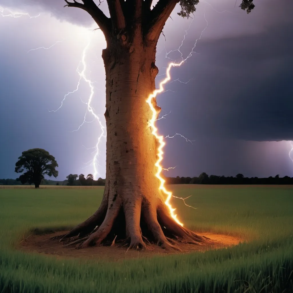 Prompt: a lightning bolt is coming out of a tree the flaming bolt going visibly through the center of the tree trunk in a field with a lightening bolt in the sky, Andy Goldsworthy, shock art, lightning, a photo