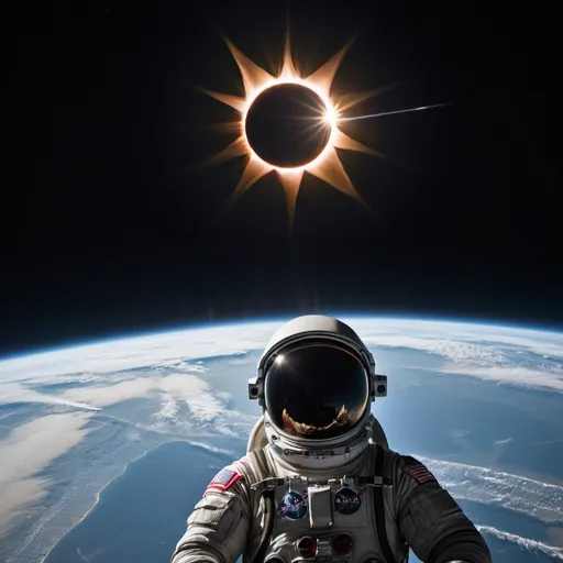 Prompt: a high resolution image At the moment of a total eclipse, an Astronaut's view on heads up display, through his eyes framed by the visor, looking at another a luminous translucent angel in the distance tethered by long cord to solar panel of ISS and SpaceX crew capsule, entire planet earth at night with brightly illuminated cities and highway networks, illuminated by bright solar corona during total eclipse, sun totally covered black circle with ring, lakes rivers oceans on planet surface shimmer silver reflection from prominent solar corona,