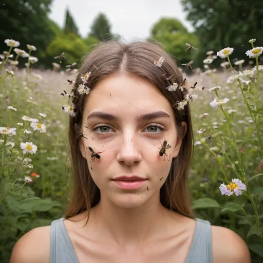Prompt: Make a photographic head and shoulders portrait of a pretty young woman holding wildflowers in the middle of a garden surrounded by flowers a head and her face is covered with hundreds of mosquitoes biting her on her face 