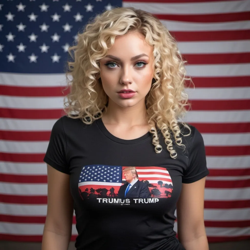 Prompt: Super hot buxom model curly blonde hair wearing a black tight wet tee shirt with portrait of President Trump and US flag