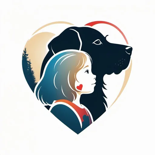 Prompt: create a logo for a group called "Dog Life" featuring a side view of a dog and a child shape integrated in profile view with the child profile in front fitting within the dog shape fitting in a heart shaped design with a positive negative space balance