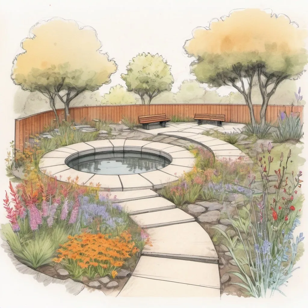 Prompt: A rough conceptual flat architectural sketch for organic landscape design featuring native wildflowers, benches, koi pond, and pathways, illustrated with rough pencil pen sketch with watercolors