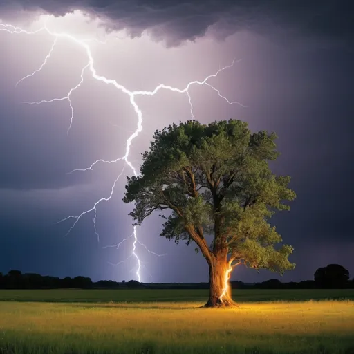 Prompt: a lightning bolt is coming out of a tree in a field with a lightening bolt in the sky, Andy Goldsworthy, shock art, lightning, a photo