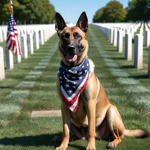 Prompt: Generate a photographic image of a somber Malinois dog sitting up by a grave marker with rows of military gravestones each with small American flag in Arlington National Cemetery in background with blue sky room around ears, wearing an American flag bandana and patriotic ray ban sunglasses with US flag stars stripes reflection, clear blue sky background make blue sky space around the top and sides