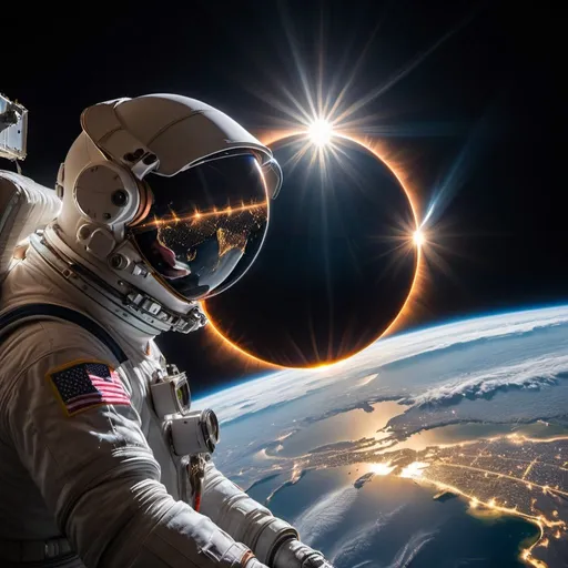 Prompt: a high resolution image At the moment of a total eclipse, an Astronaut's view on heads up display, through his eyes framed by the visor, looking at another a luminous translucent angel in the distance tethered by long cord to solar panel of ISS and SpaceX crew capsule, entire planet earth at night with brightly illuminated cities and highway networks, illuminated by bright solar corona during total eclipse, sun totally covered black circle with ring, lakes rivers oceans on planet surface shimmer silver reflection from prominent solar corona,