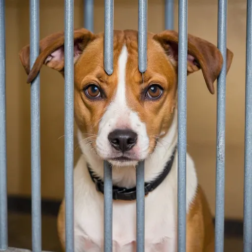 Prompt: cute dog behind bars shelter