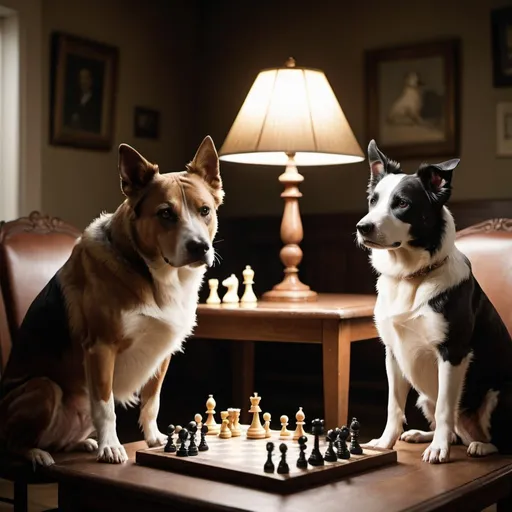Prompt: A vintage image is captured in a horizontal 35mm film format, giving it a classic vintage look with a shallow depth of field. In the sharp focus foreground, two dogs are seated at a small round table engaged in an intense game of chess. 

On the left side is a border collie, its fur neatly groomed. It has an intelligent, focused expression as it contemplates its next move on the chessboard. Opposite the collie sits a gritty, battle-worn pit bull. With teeth bared, the pit bull glares intensely as one paw hovers over a chess piece, ready to make its play.

The chessboard is the only area illuminated, a warm lamplight shining down from an overhead lamp hung low above the table. Perched delicately on the curve of the lamp's metal shade is a regal monarch butterfly. Down in the corner of the table, a small mouse with large ears sits motionless, watching the chess match unfold.

Surrounding this sharp central scene is a hazy, obscured backdrop of various dogs seated in dim lighting. Their forms are out of focus, mere suggestions of shapes and different breed silhouettes. But their eyes are visible, reflecting the game with a range of expressions - some excited, some disinterested.

The colors are muted and desaturated, evoking the look of aged photographic film. A vignette effect darkens the edges, drawing the eye inward. The overall mood is dramatic and moody, the low lighting and sharp contrasts giving it a gritty photojournalistic feel of capturing a decisive moment.