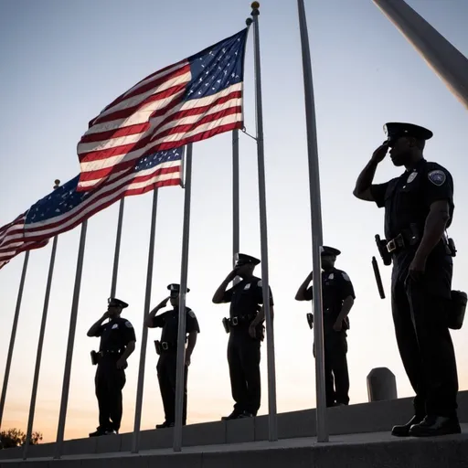Prompt: Make a patriotic photo of a us flag at half-staff with silhouettes of police officers saluting.