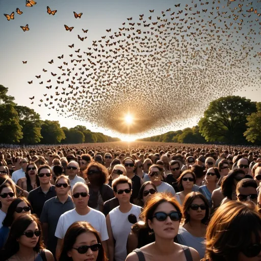 Prompt: Generate an image in style of scientific photography of a telephoto close up photo of a total eclipse with the sun blocked out by a massive swarm of monarch butterflies and not the moon with thousands of individual butterflies each with a corona and a massive shape of the sun filled with butterflies over the Hudson River in New York City while people wearing special eclipse sunglasses looking