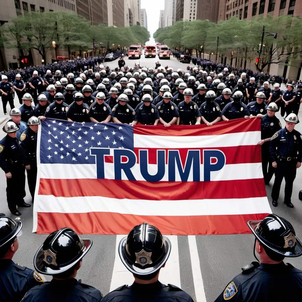 Prompt: Patriotic flag with upper case lettering "TRUMP" surrounded by police officers and firefighters 