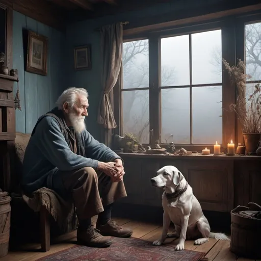 Prompt: Generate abdetailed matte painting, deep color, fantastical, intricate detail, splash screen, complementary colors, fantasy concept art, 8k resolution with the old man made more prominent.

The misty dawn light filtered through the cottage window, its soft blue-gray glow enveloping the wizened old man sitting vigil beside his dying dog. He was the central figure in the small room, his weathered face and gnarled hands taking prominence over the muted tones of the braided rug and hardwood floor. 

All eyes were drawn to this tender scene of farewell between man and faithful companion. The old man cradled the ancient dog's head with profound tenderness, gazing down with shining eyes brimmed over with a kaleidoscope of emotions - vivid flashes of grief and resignation blended with warmth and deep gratefulness.

His face was a landscape of feeling, each wrinkle and crow's foot around his amber eyes an expressive brushstroke laying bare the complex tapestry of his soul. One weathered thumb caressed the dog's graying jowls in a revering stroke as his other hand reached up to wipe away the single tear trailing down his deeply lined cheek, glistening in the dawn light.

Though his heart was heavy, the old man's aura exuded a calm acceptance, as tranquil as the pearlescent mist outside the window. He was poised between this world and the next, bound to his struggling companion by an eternal, loving connection. 

In these final moments, the old man was the bold, vivid centerpiece amid the stillness - his brilliant eyes, his deep crimson heart laid bare, in stark poignant contrast to the pale watercolor hues blurring the world beyond into soft green, lavender and dove gray tones.
