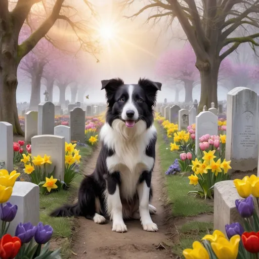 Prompt: A beautiful angel cradles a border collie puppy in her arms hovering above an ethereal animal cemetery landscape filled with small animal headstones of dogs and cats with patches of spring flowers, yellow daffodils red tulips pink lilies dandelions and purple crocus between the rows with old cypress trees along the horizon and sunbeams piercing the misty morning light