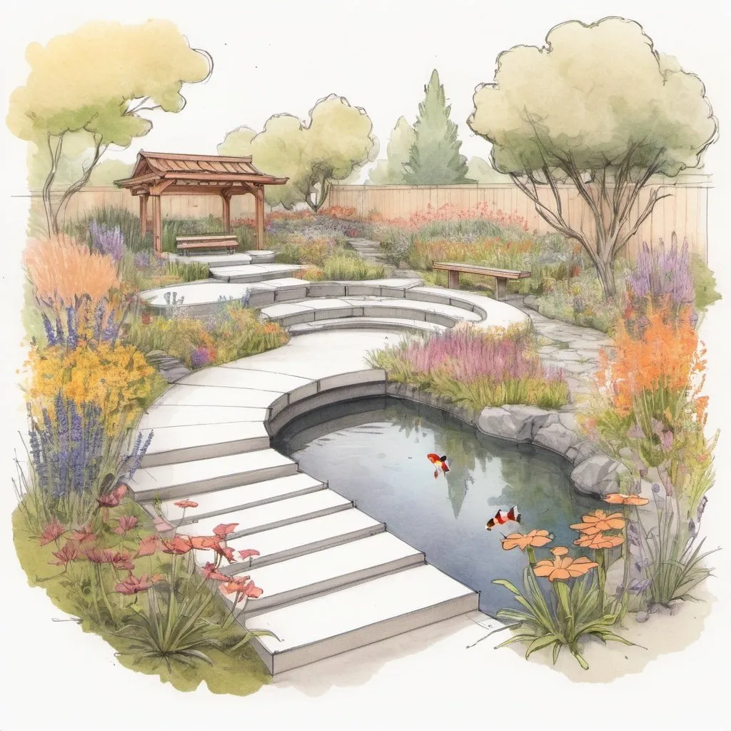 Prompt: A rough conceptual flat architectural sketch for organic landscape design featuring native wildflowers, benches, koi pond, and pathways, illustrated with rough pencil pen sketch with watercolors