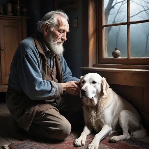 Prompt: Generate abdetailed matte painting, deep color, fantastical, intricate detail, splash screen, complementary colors, fantasy concept art, 8k resolution with the old man made more prominent.

The misty dawn light filtered through the cottage window, its soft blue-gray glow enveloping the wizened old man sitting vigil beside his dying dog. He was the central figure in the small room, his weathered face and gnarled hands taking prominence over the muted tones of the braided rug and hardwood floor. 

All eyes were drawn to this tender scene of farewell between man and faithful companion. The old man cradled the ancient dog's head with profound tenderness, gazing down with shining eyes brimmed over with a kaleidoscope of emotions - vivid flashes of grief and resignation blended with warmth and deep gratefulness.

His face was a landscape of feeling, each wrinkle and crow's foot around his amber eyes an expressive brushstroke laying bare the complex tapestry of his soul. One weathered thumb caressed the dog's graying jowls in a revering stroke as his other hand reached up to wipe away the single tear trailing down his deeply lined cheek, glistening in the dawn light.

Though his heart was heavy, the old man's aura exuded a calm acceptance, as tranquil as the pearlescent mist outside the window. He was poised between this world and the next, bound to his struggling companion by an eternal, loving connection. 

In these final moments, the old man was the bold, vivid centerpiece amid the stillness - his brilliant eyes, his deep crimson heart laid bare, in stark poignant contrast to the pale watercolor hues blurring the world beyond into soft green, lavender and dove gray tones.
