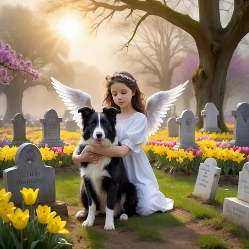 Prompt: A beautiful angel cradles a border collie puppy in her arms hovering above an ethereal animal cemetery landscape filled with small animal headstones of dogs and cats with patches of spring flowers, yellow daffodils red tulips pink lilies dandelions and purple crocus between the rows with old cypress trees along the horizon and sunbeams piercing the misty morning light