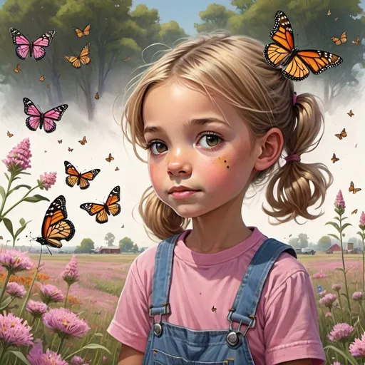 Prompt: Describe a narrative scene with a little girl 9 years old with pigtails, overalls, butterfly tee-shirt holding a butterfly net looking up at several monarch butterflies in a beautiful wildflower field full of common pink milkweed as a construction crew in bulldozer ripping our swaths of soil and flowers making a trail of destruction headed in her direction.