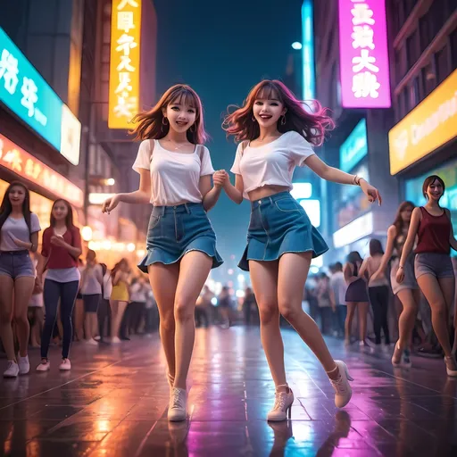 Prompt: Two cute idol girls dancing, (city background), vibrant colors, lively atmosphere, photorealistic, joyful, energetic expressions, chic outfits, dynamic poses, neon city lights, bustling urban setting, high dusk, cinematic feeling, ultra-detailed, HD, glossy finish, lens flares, colorful reflections, vibrant street scene, lively crowd cheering, high-definition quality, studio lighting, depth and realism.