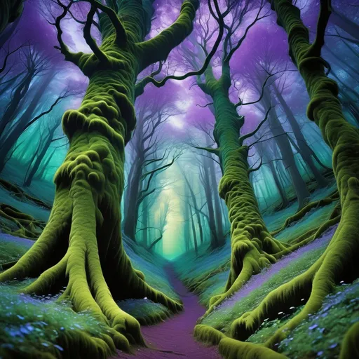 Prompt: A mystical, moonlit forest with an air of enchantment, where towering trees with iridescent blue bark stretch towards the sky, their twisted branches like nature's own cathedral. The inclined ground is covered in a soft, emerald green moss that glows with an ethereal light. Small, delicate trees with large, velvety violet flowers that seem to absorb the fading light, stand like sentinels, while exotic plants with massive, jade-green leaves and slender creepers with star-shaped blooms, spill across the terrain. Ferns of every shape and size unfurl, adding to the forest's mystique. A lone warrior, his long, chestnut-brown hair tied back in a ponytail, sprints through this mystical realm, his earth-toned leather tunic blending seamlessly with the surroundings. He grasps a shimmering silver sword in both hands, its blade etched with ancient runes that seem to pulse with a soft, blue light, reminiscent of the styles of Zdzisław Beksiński, Simon Stalenhag, and Rovina Cai, with intricate details and textures that evoke a sense of wonder and magic. The warrior Aric standing in a mystical forest, holding a glowing, silver sword with both hands. A shadowy figure, cloaked and with red eyes, lurks in the background, barely visible through the trees.