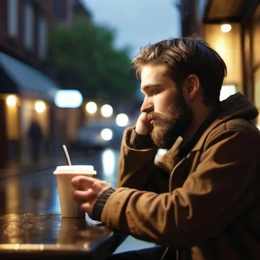 Prompt: A late twenties male with beard reminiscing about a lost love in a cafe bar with a rainy evening cityscape. 