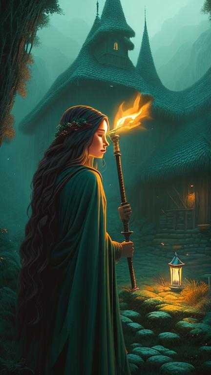 Prompt: an image of a beautiful traveling woman wearing a dark green robe holding a staff and holding a torch entering a small medieval tavern with watermill and mountain in background, in a dark forest, lighting bugs,, in the style of dan mumford, anton semenov, Zdzisław Beksiński, large-scale figuration, shwedoff, mysterious figures, 1970s dark fantasy, i can't believe how beautiful this is, golden age illustrations --v 5.2