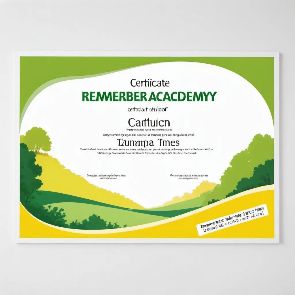 Prompt: Generate a landscape certificate a4 size image: REMEMBER ACADEMY SCHOOL. GREEN , yellow AND WHITE COLOUR 