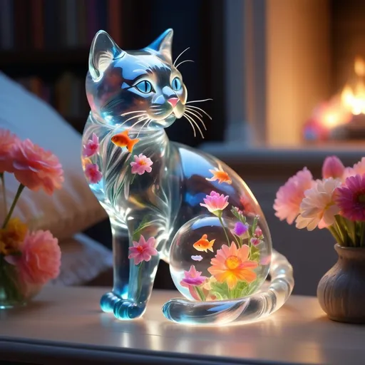 Prompt: (glowing, transparent glass sculpture of a peaceful cat), vibrant colors, (heavenly atmosphere), surrounded by radiant flowers, playful fish, gentle angels, soft pillows, whimsical cat toys, cozy flickering fireplace in the background, ethereal lighting, serene and tranquil vibe, high detail, ultra-detailed, 4K quality.