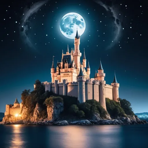 Prompt: a perfect quality well edited by a professional photographer photo of a 10 billion castle in a sea at a full moon night with many stars