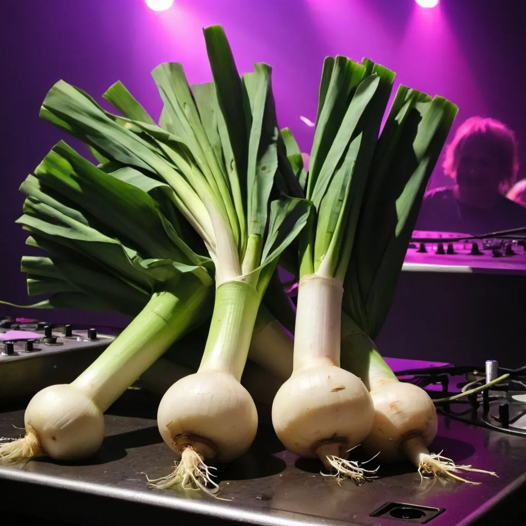 Prompt: leeks and turnips at a rave dancing